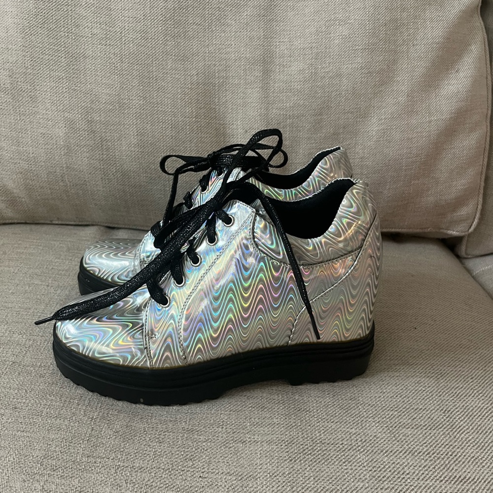 Dolls Kill Club Exx silver platform booties 8